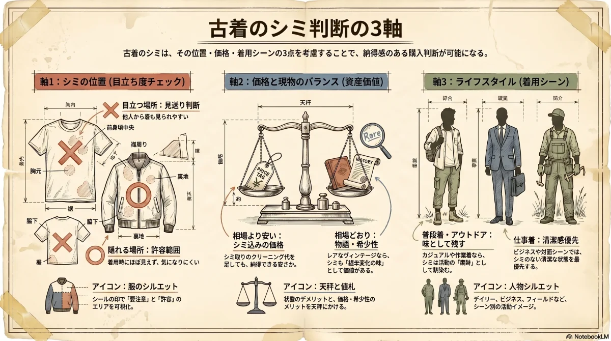 古着のシミ判断の3軸（シミの位置・価格と現物のバランス・自分のライフスタイル）を整理した色付きインフォグラフィック