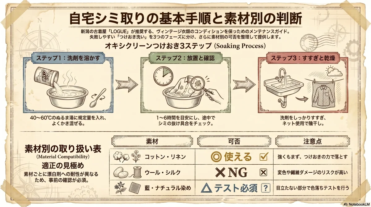 自宅シミ取りの基本手順（洗剤を溶かす・つけおきと途中確認・すすぎと乾燥）と素材別の取り扱い判断（コットン・リネン・ウール・シルク・藍・ナチュラル染め）を整理した色付きインフォグラフィック