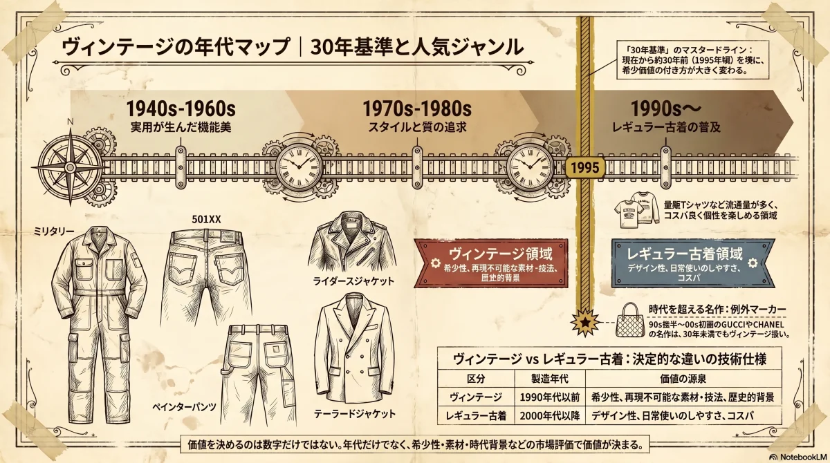 ヴィンテージの30年基準と1940年代から現在までの代表ジャンルを年代タイムラインで図解した色付きインフォグラフィック