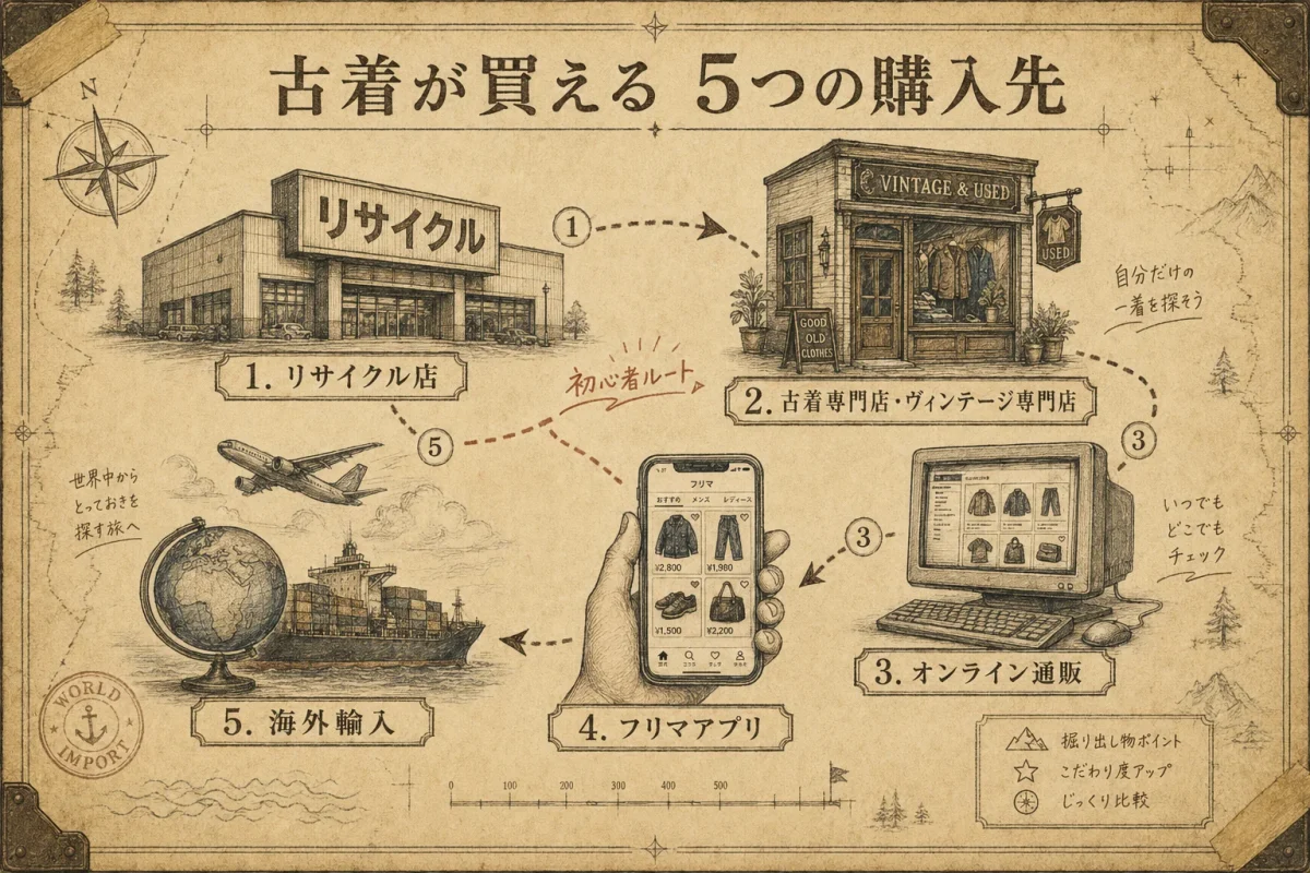古着を買える5つの購入先：リサイクル店・古着専門店・オンライン通販・フリマアプリ・海外輸入