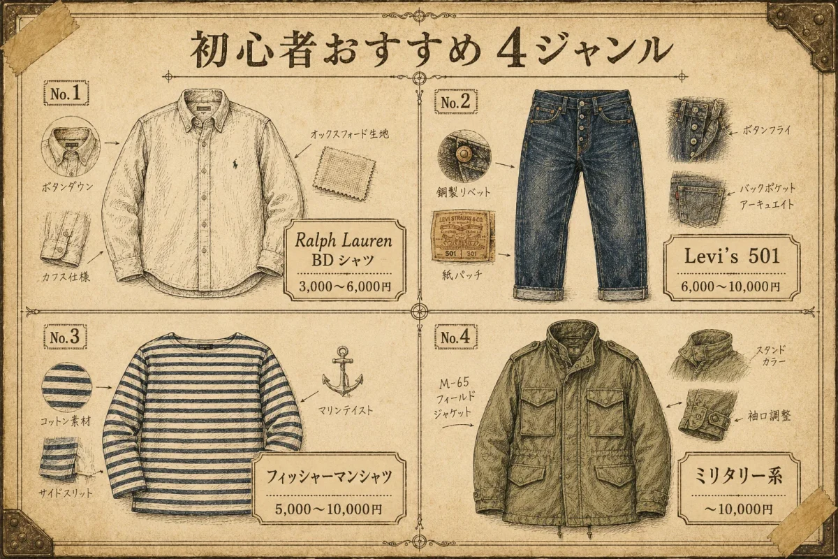 古着初心者におすすめの4ジャンル：ラルフローレンのシャツ・Levi's 501・フィッシャーマンシャツ・ミリタリー系アイテム