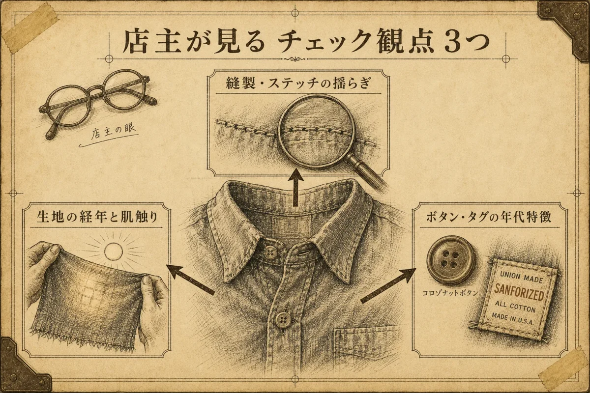 店主が見ている古着の3つのチェック観点：縫製・ステッチの揺らぎ、ボタン・タグの年代特徴、生地の経年と肌触り