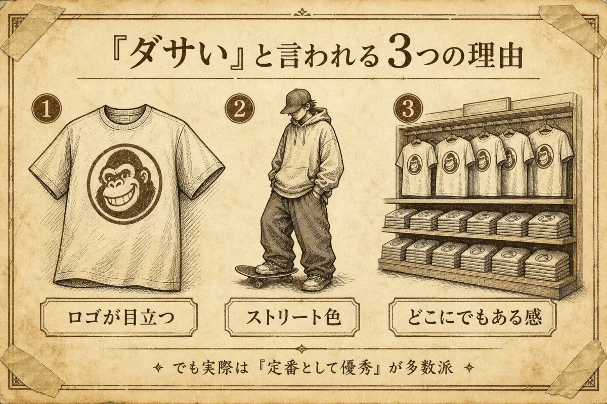ベンデイビスが「ダサい」と言われる3つの理由（ゴリラロゴが目立つ・ストリート色・量販で差がつきにくい）を示したインフォグラフィック