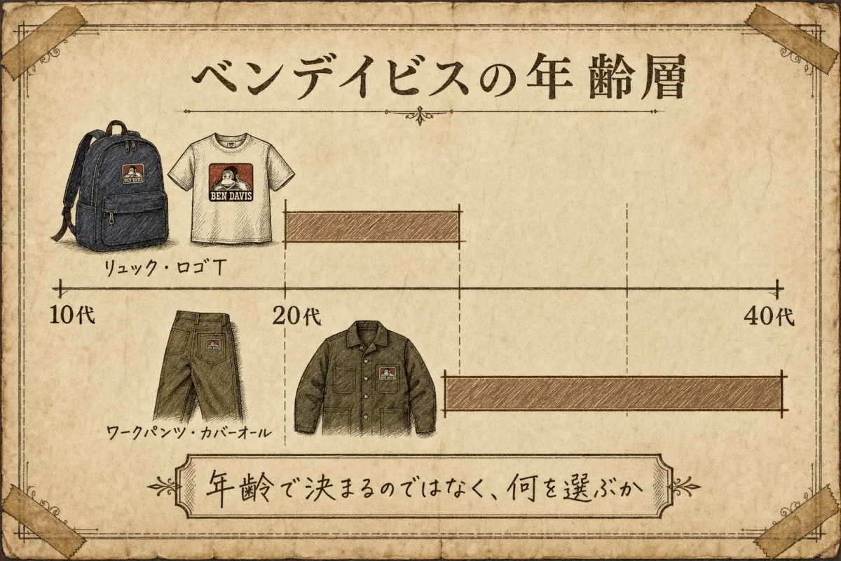ベンデイビスのアイテム別の中心年齢層（リュック/ロゴTシャツ＝10〜20代・ワークパンツ/カバーオール＝20〜40代）を示したインフォグラフィック