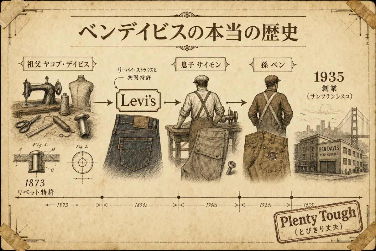 ベンデイビスの系譜（祖父ヤコブ・デイビスの1873年リベット特許→Levi'sとの繋がり→1935年サンフランシスコ創業・Plenty Tough）を示した年表インフォグラフィック