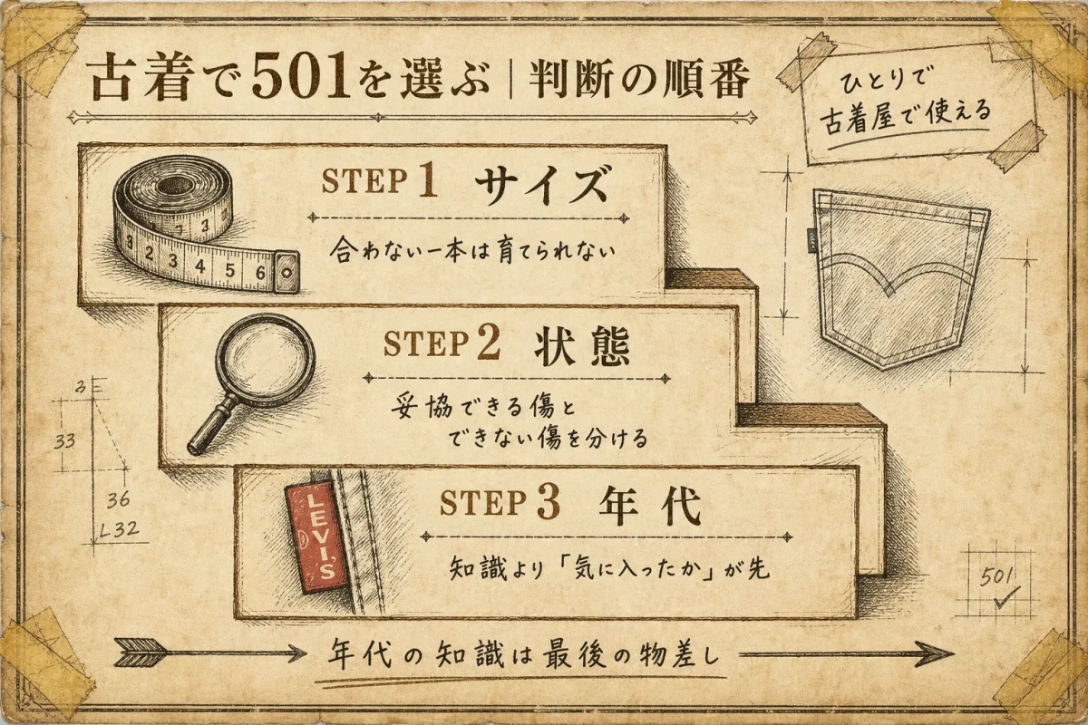 古着で501を選ぶ3つの判断基準（サイズ・状態・年代の優先順位）を、ひとりで古着屋で使えるチェックリストとして図解した色付きインフォグラフィック