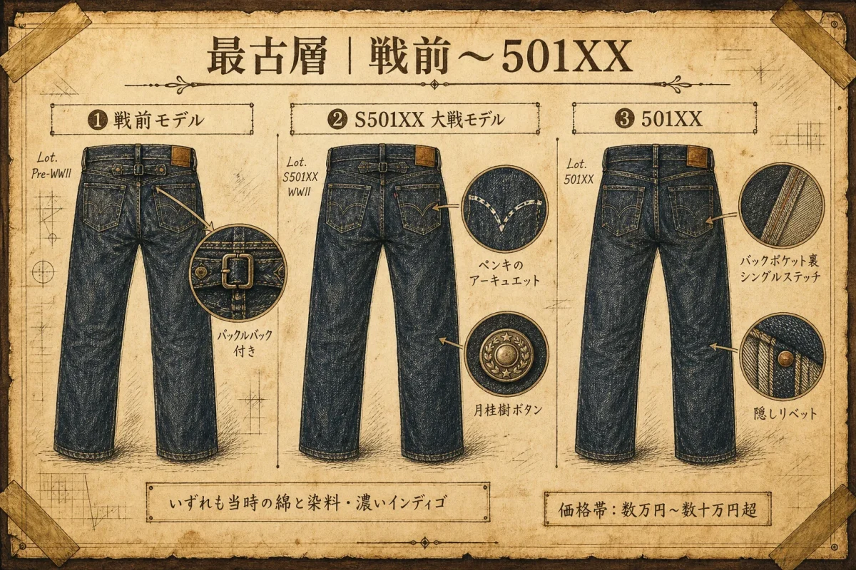 最古層（戦前モデル・S501XX大戦モデル・501XX）の3つを横並びで比較した色付きインフォグラフィック。バックルバック・ペンキ描きアーキュエット＋月桂樹ボタン・隠しリベット＋シングルステッチを拡大スケッチで示す