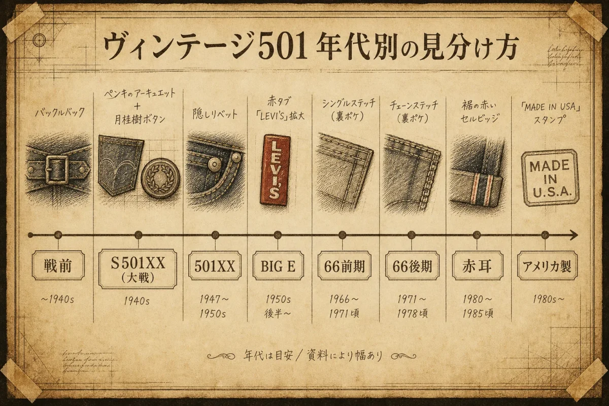 ヴィンテージ501の年代別早見（戦前・大戦S501XX・501XX・BIG E・66前期・66後期・赤耳・アメリカ製レギュラー）と見分けポイントを年表風に図解した色付きインフォグラフィック