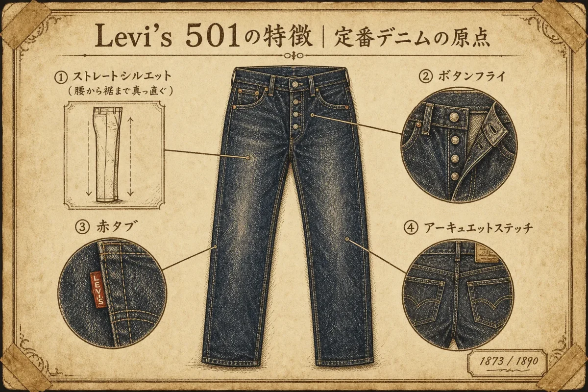 Levi's501の原点を作る4つの特徴（直線的なストレートシルエット・ボタンフライ・赤タブ・カモメ型のアーキュエットステッチ）を技術図面風に図解した色付きインフォグラフィック