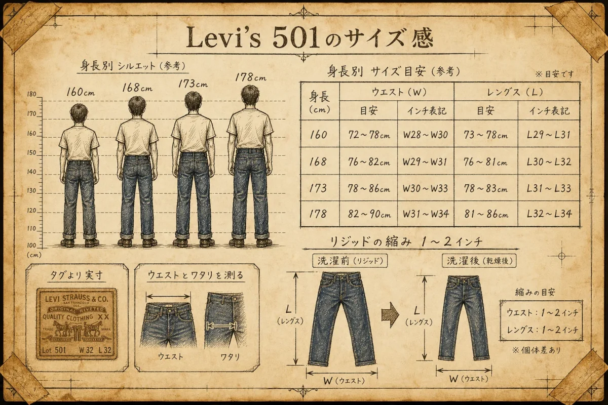 Levi's501のサイズ感（リジッドの縮み・ウエストとレングスの目安・現行とヴィンテージの表記差）を身長別早見表として図解した色付きインフォグラフィック
