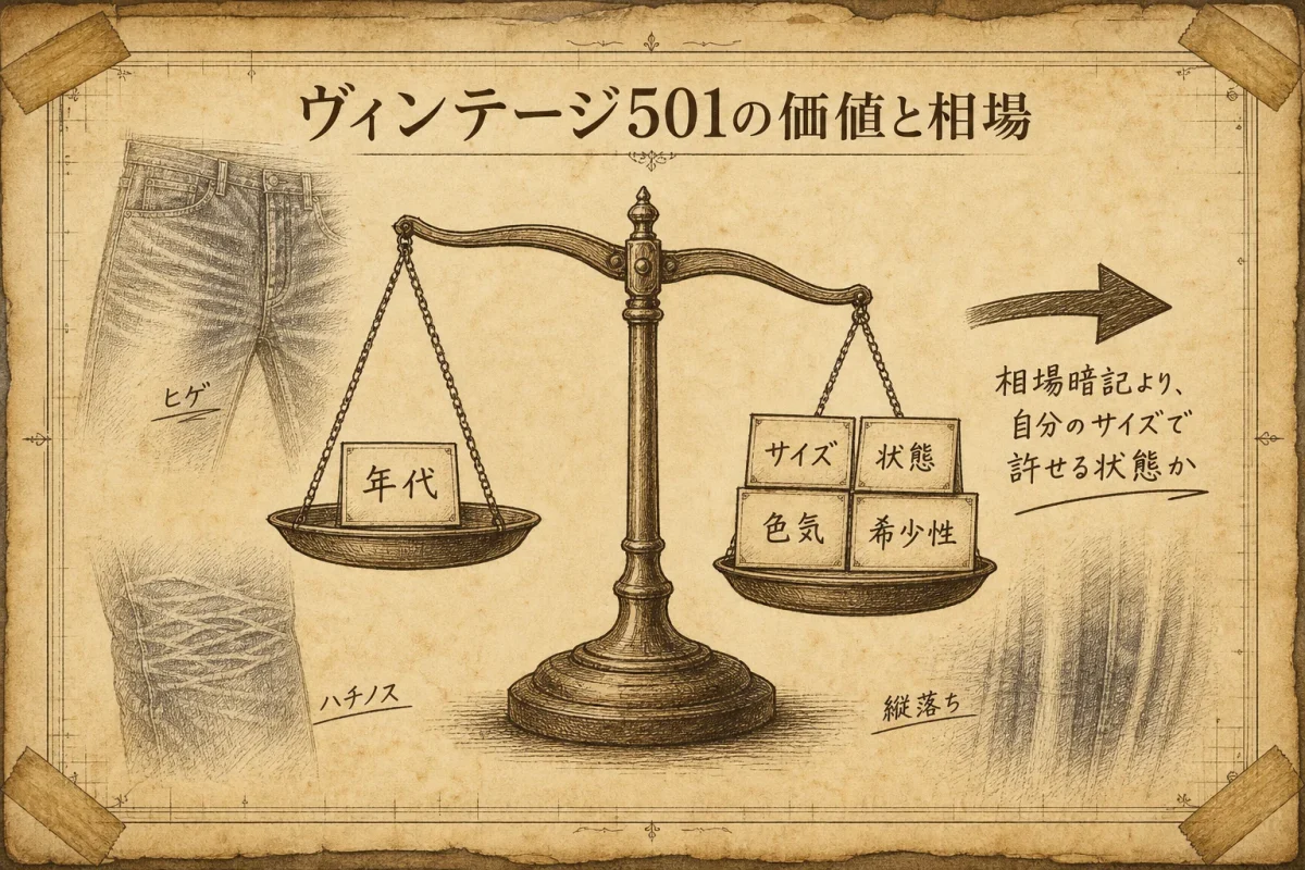 ヴィンテージ501の価値マップ（年代別のおおよその価格帯と、状態・サイズ・希少性という価値を決める判断軸）を図解した色付きインフォグラフィック