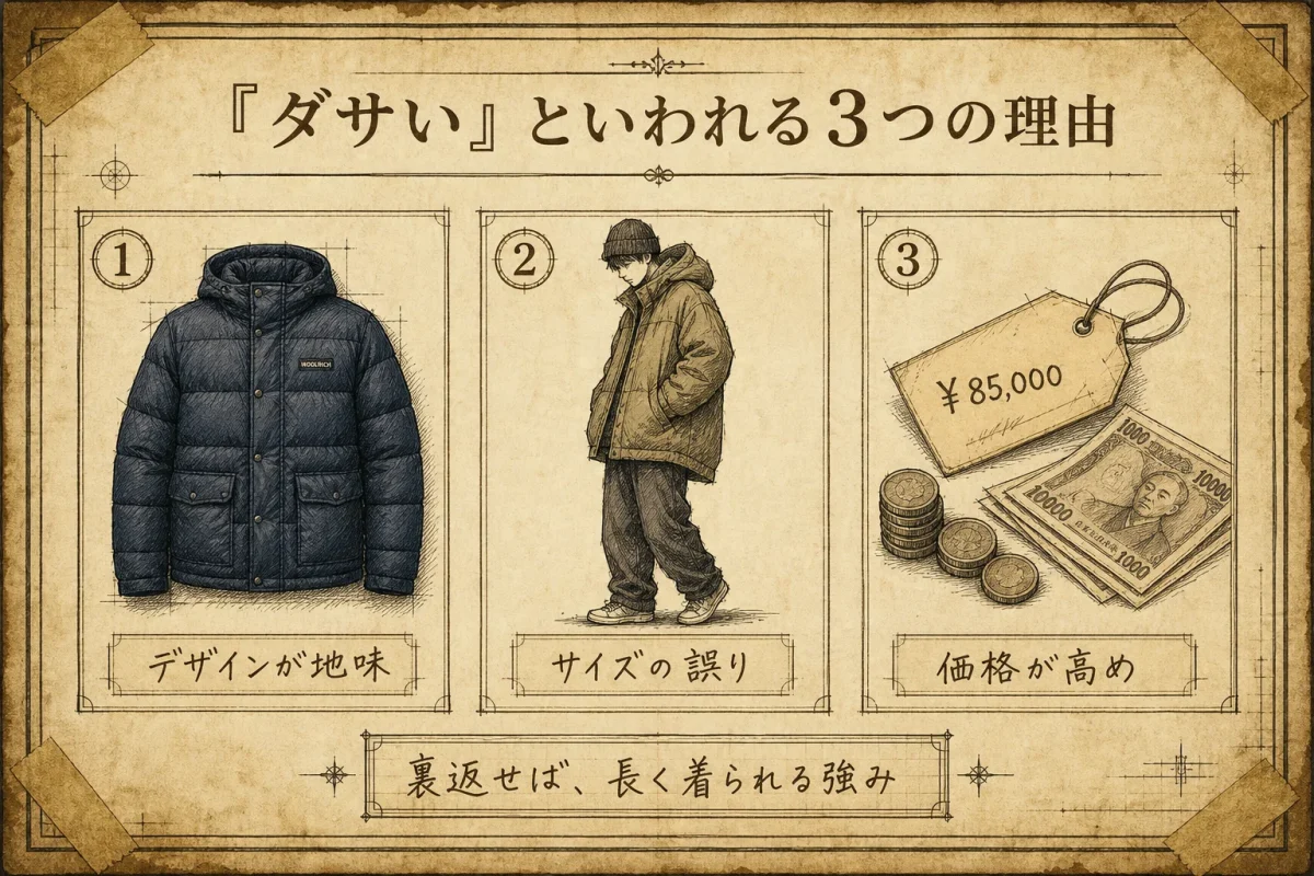 ウールリッチがダサいと言われる3つの理由(地味なデザイン・サイズ選びの失敗・価格への割高感)を古い技術図面風に図解した色付きインフォグラフィック