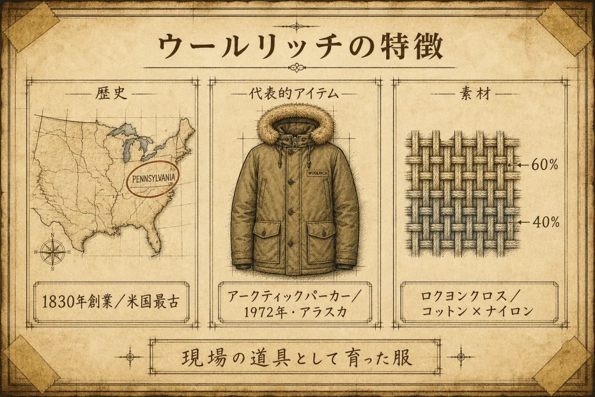 ウールリッチの特徴(1830年創業のアメリカ最古ブランド・アークティックパーカー・ロクヨンクロス)を古い技術図面風に図解した色付きインフォグラフィック