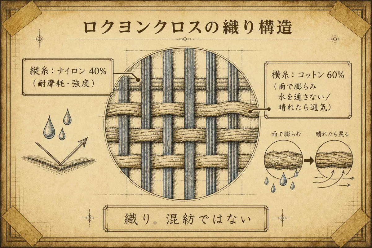 ロクヨンクロス(60/40クロス)の織り構造(縦糸ナイロン40%・横糸コットン60%・水で膨らみ晴れで通気)を古い技術図面風に図解した色付き詳細インフォグラフィック