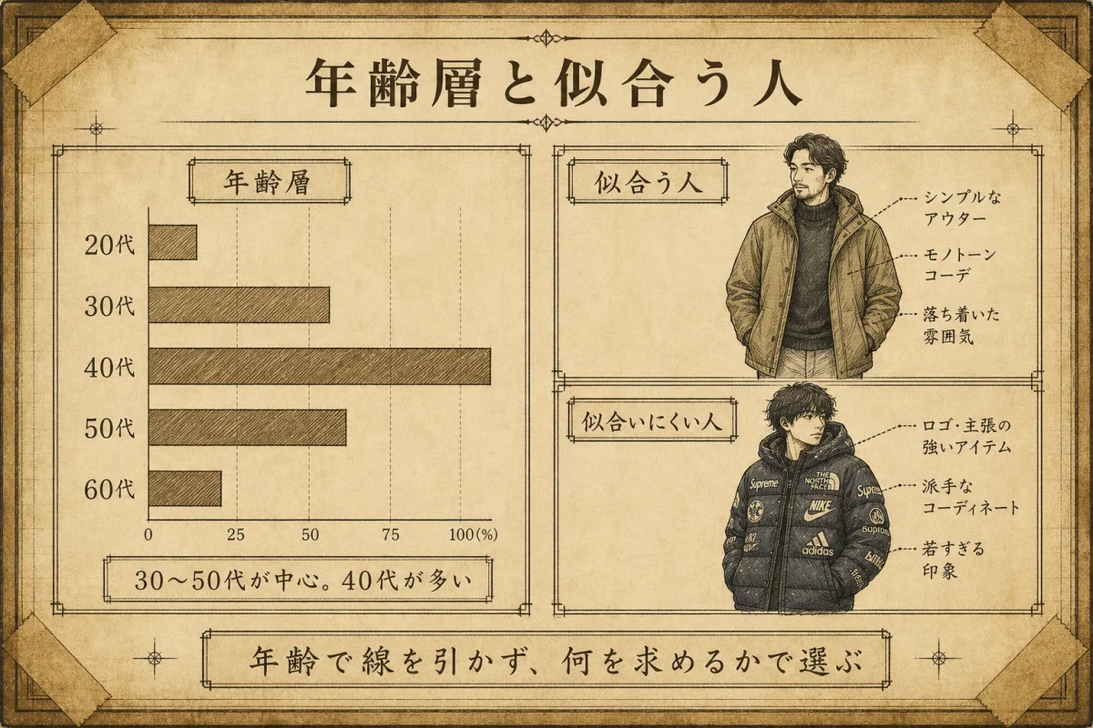 ウールリッチの年齢層(30〜50代が中心・40代が最多)と似合う人・似合わない人の特徴を古い技術図面風に図解した色付きインフォグラフィック