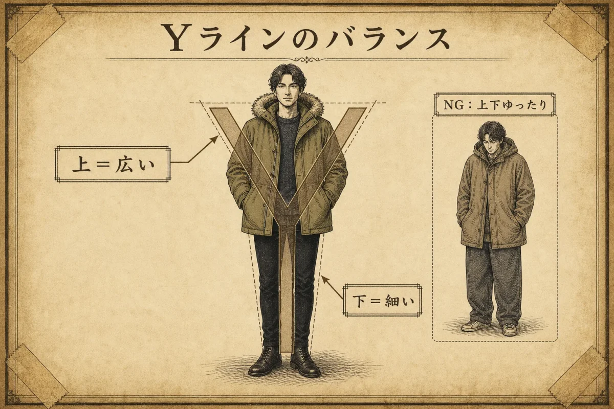 アークティックパーカーで作るYラインのバランス(上半身ボリューム×下半身細身)と、上下ゆったりNG例を古い技術図面風に図解した色付き詳細インフォグラフィック