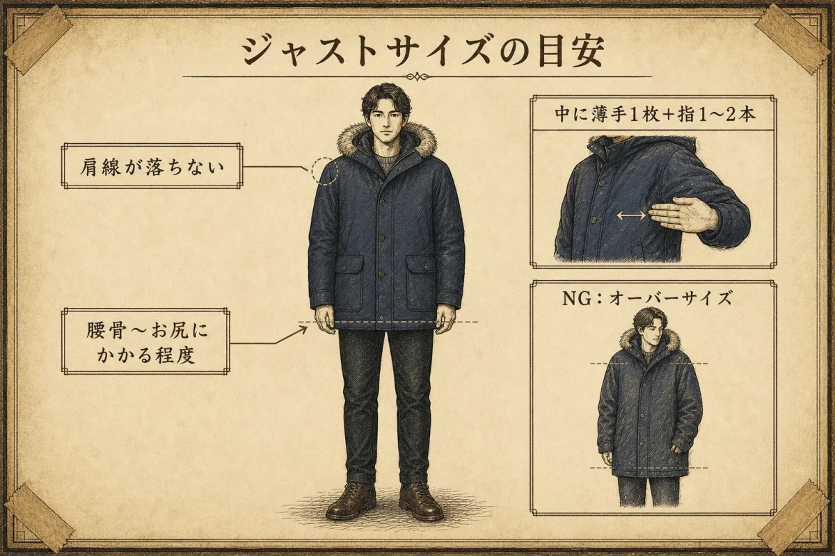 ウールリッチのジャストサイズの目安(肩線が落ちない・着丈は腰骨下・身幅は指1〜2本)とオーバーサイズのNG例を古い技術図面風に図解した色付き詳細インフォグラフィック