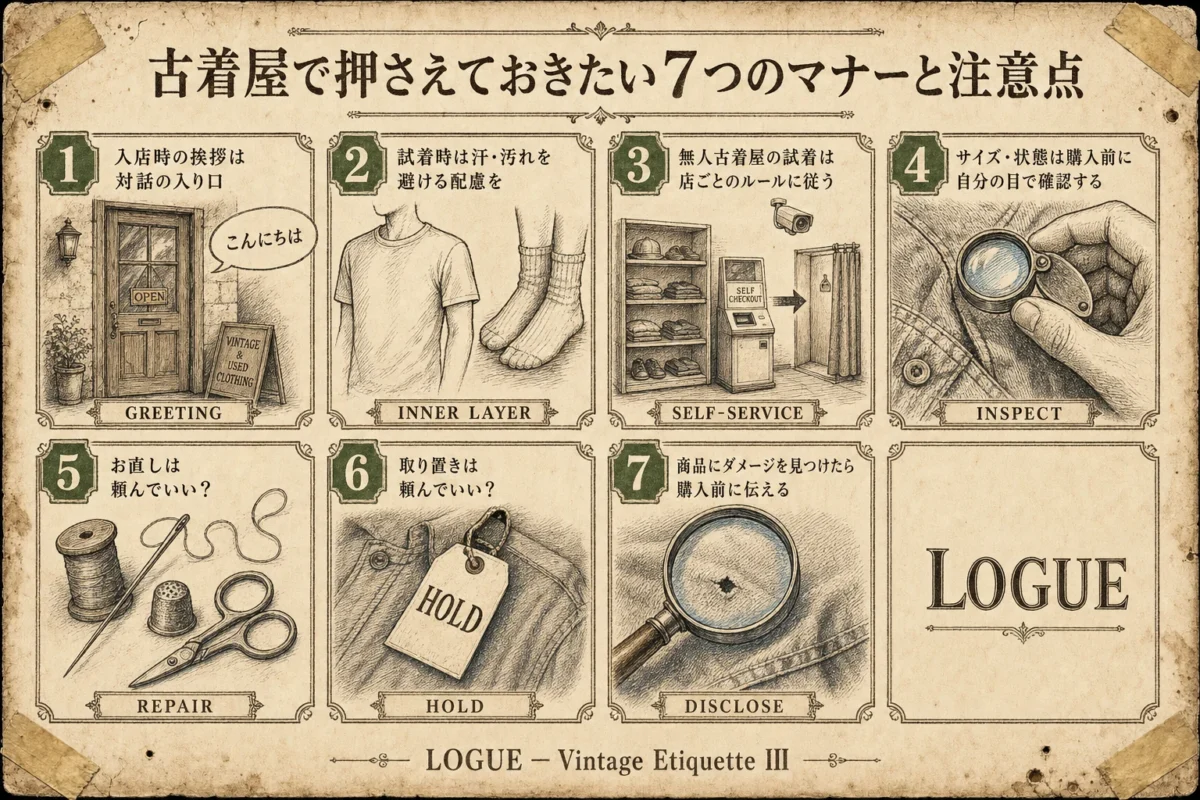 古着屋で押さえておきたい7つのマナーと注意点:挨拶・試着配慮・無人店での試着・現物確認・お直し・取り置き・ダメージ報告