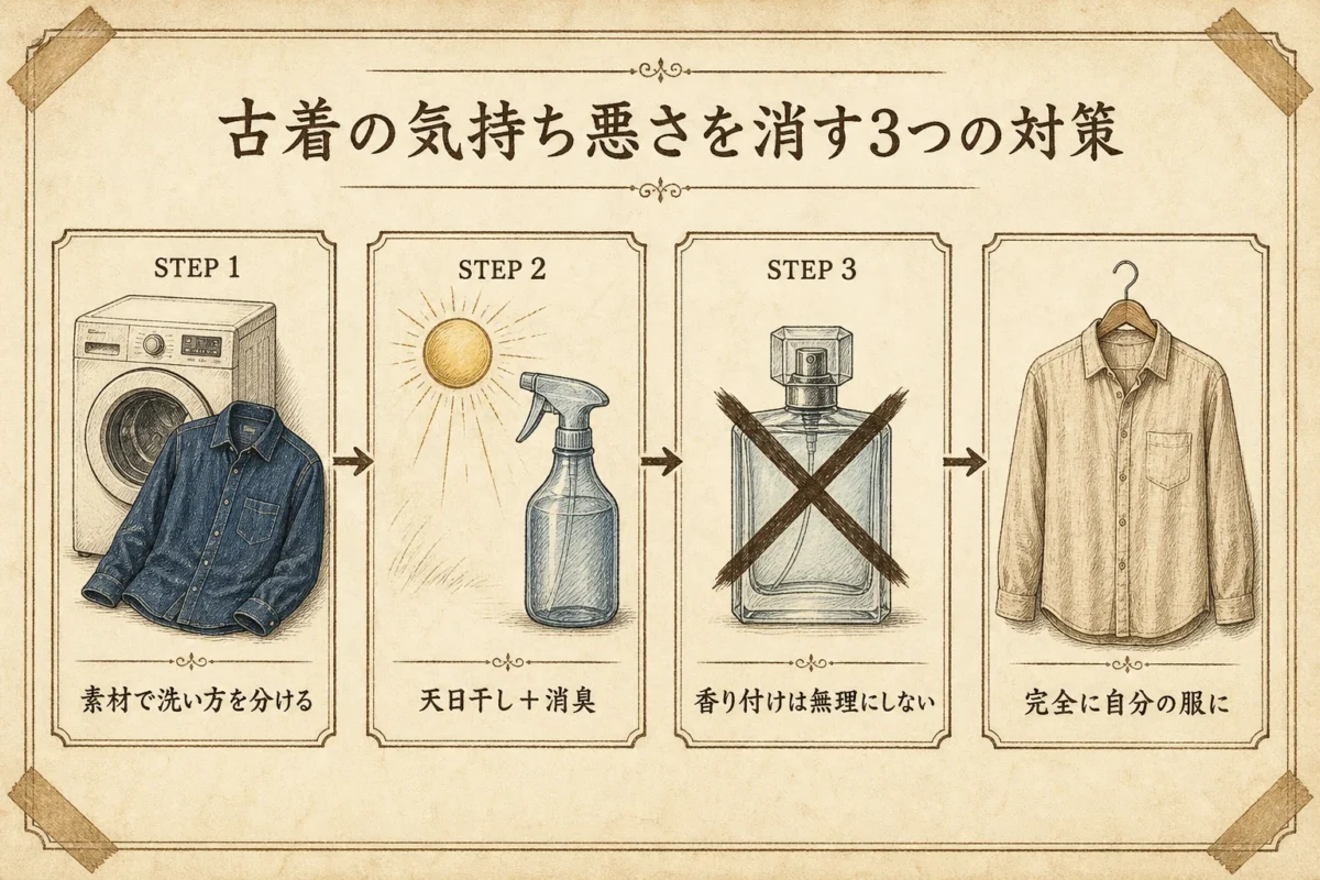 古着の気持ち悪さを消す3つの対策のインフォグラフィック