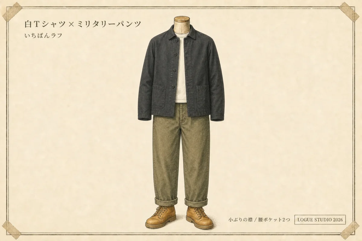 チャコールグレーのフレンチワークジャケットに白Tシャツとミリタリーパンツを合わせた全身コーディネート図解