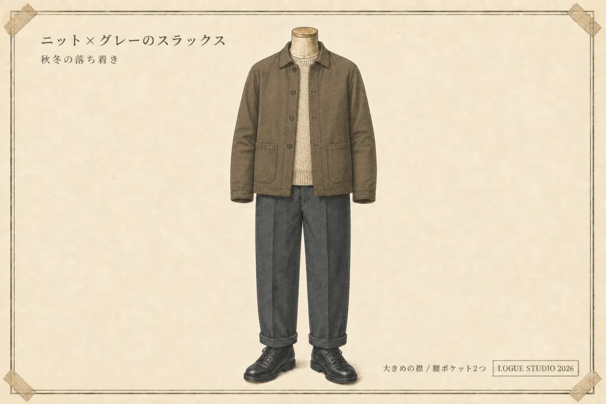 こげ茶のフレンチワークジャケットにニットとグレーのスラックスを合わせた全身コーディネート図解