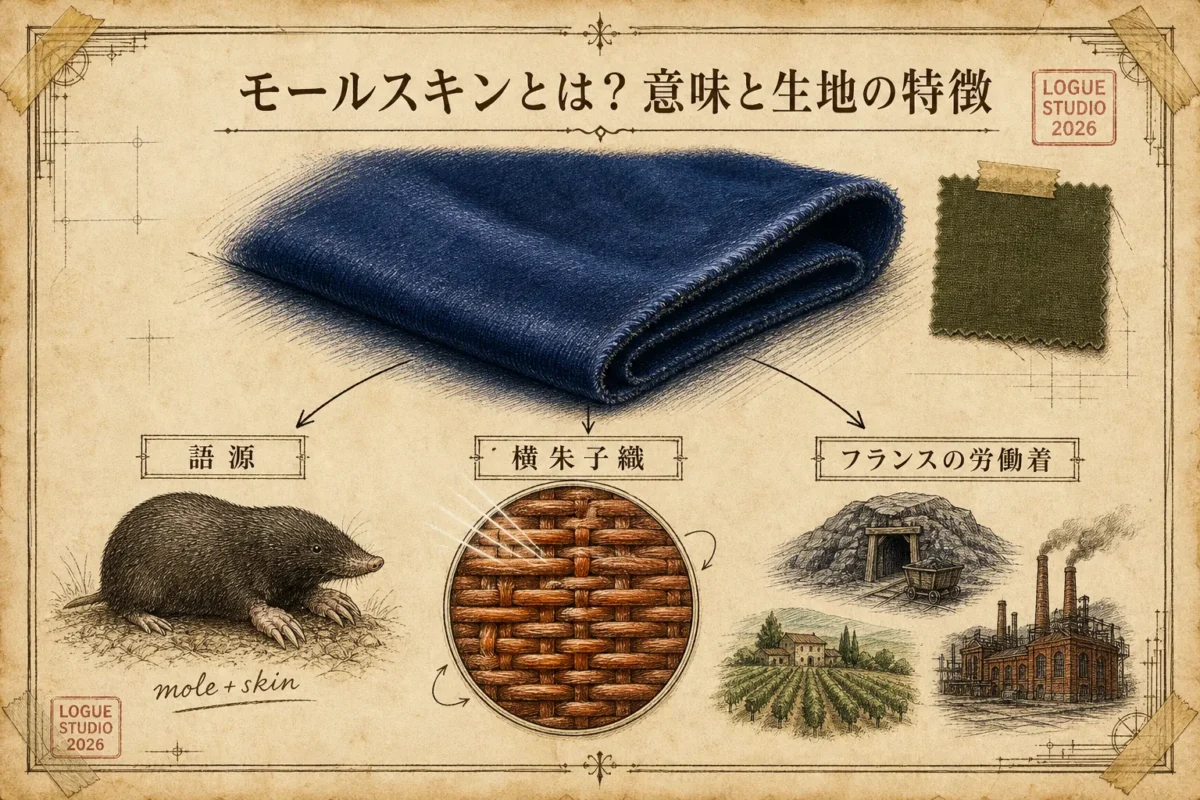 モールスキンとは？意味と生地の特徴：語源はモグラの毛皮・横朱子織が生む光沢・フランスの労働着