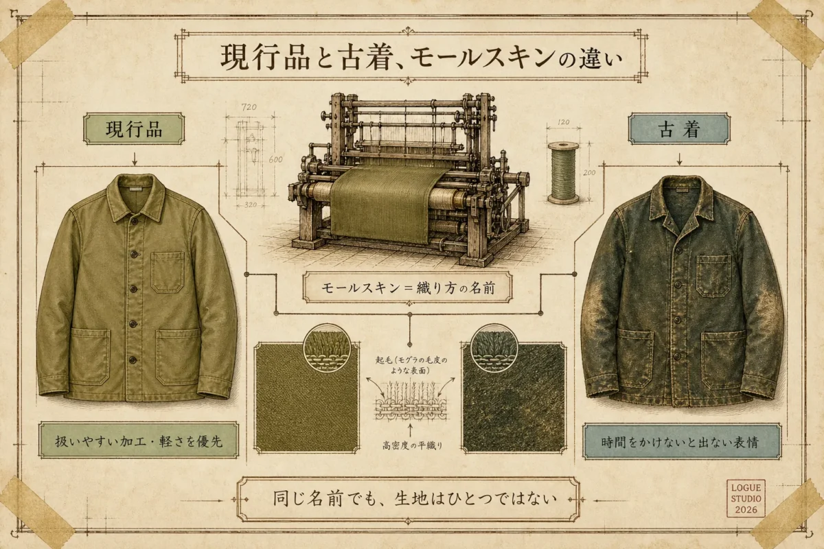 現行品と古着のモールスキンの違い：同じ名前でも生地はひとつではない、現行品と古着の性格の違い
