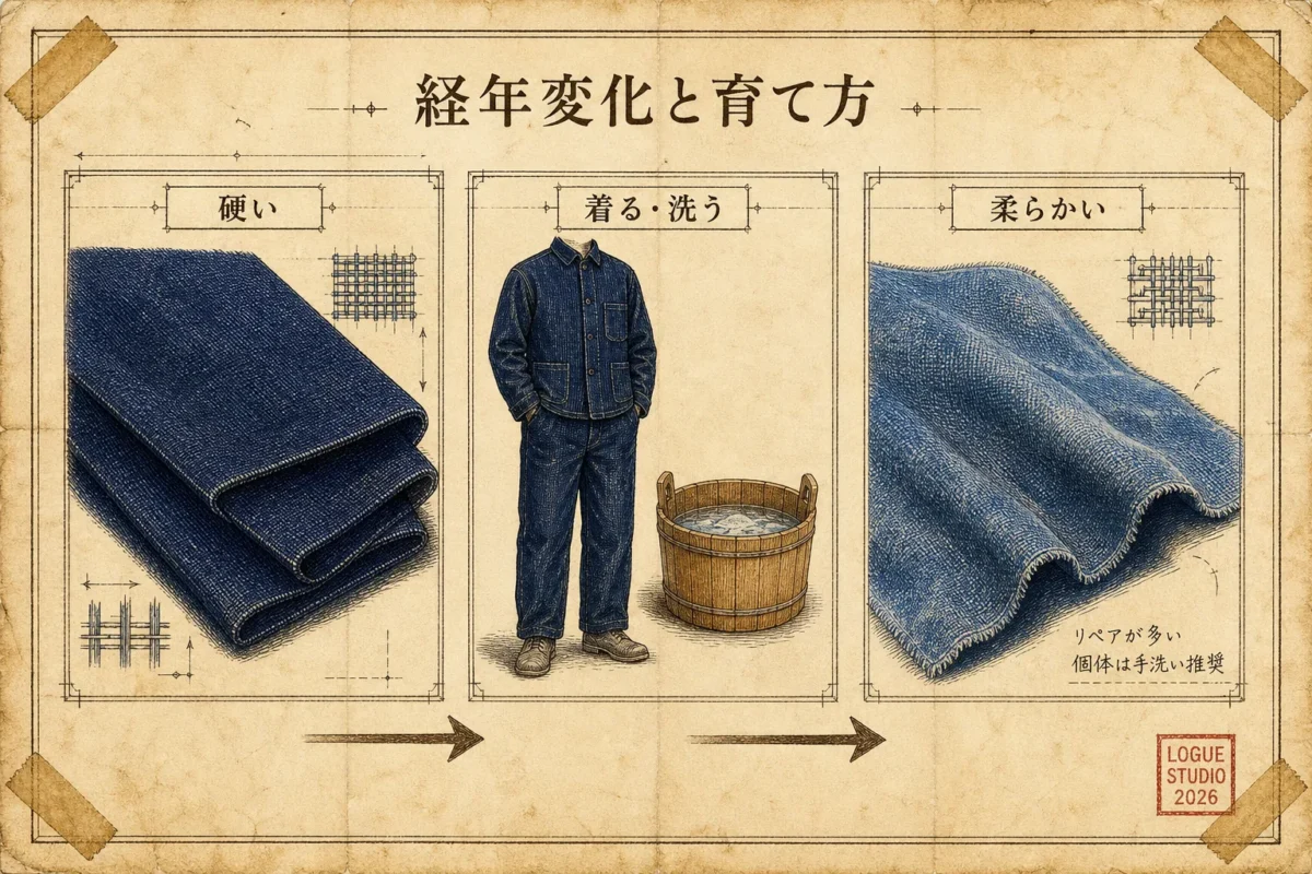 モールスキンの経年変化と育て方：硬い状態から着る・洗うことで柔らかく変化する過程