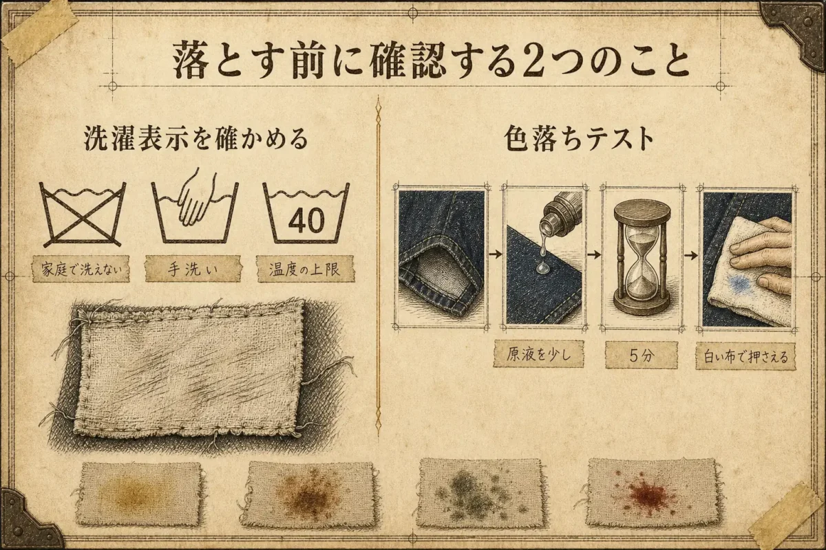 古着のシミを落とす前に確認する2つのこと（洗濯表示の読み方と、白い布を使う色落ちテストの手順）