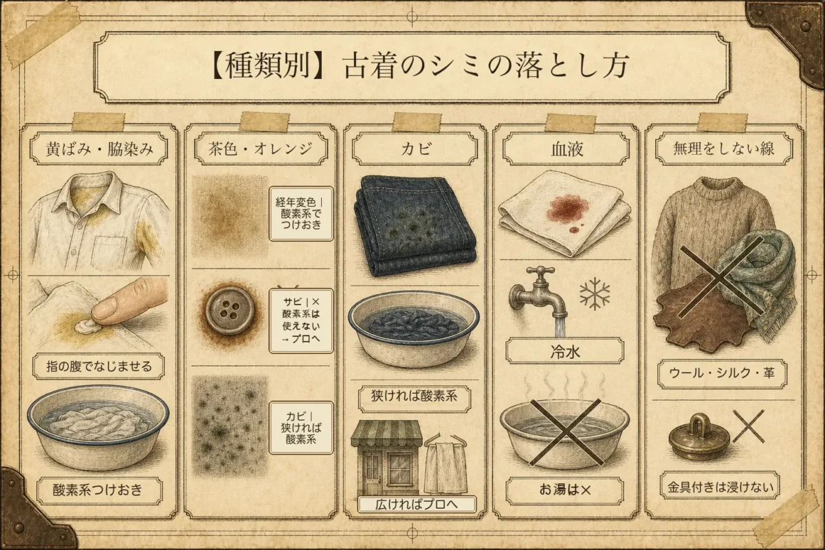 古着のシミの種類別の落とし方（黄ばみ・脇染み、茶色・オレンジ、カビ、血液と、無理をしない素材の線）