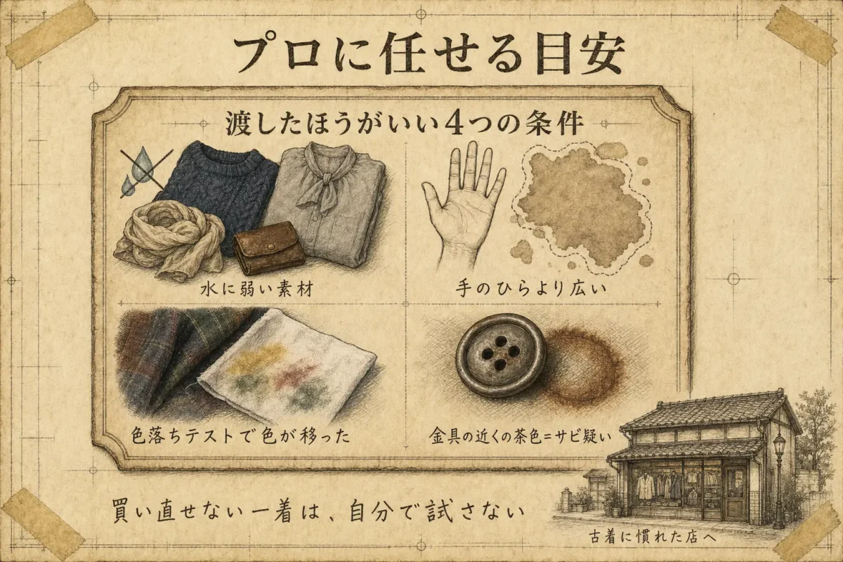 自宅で落ちない古着のシミをプロに任せる目安（水に弱い素材・手のひらより広い範囲・色落ち・サビ疑いの4条件）