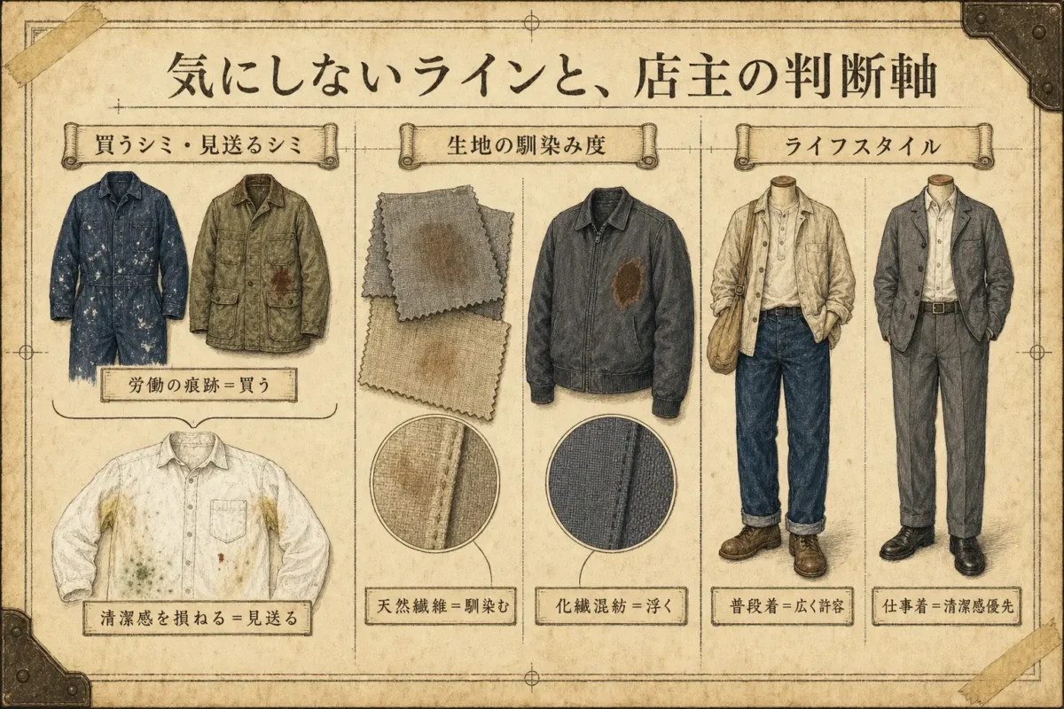 古着のシミを気にしないラインと店主の判断軸（買うシミと見送るシミ・生地の馴染み度・ライフスタイル）