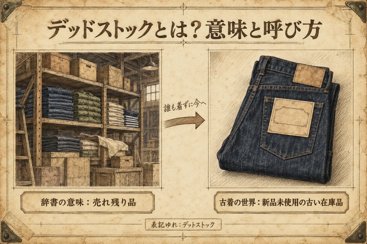 デッドストックの意味を、辞書の「売れ残り品」と古着の世界の「新品未使用の古い在庫品」で示したインフォグラフィック