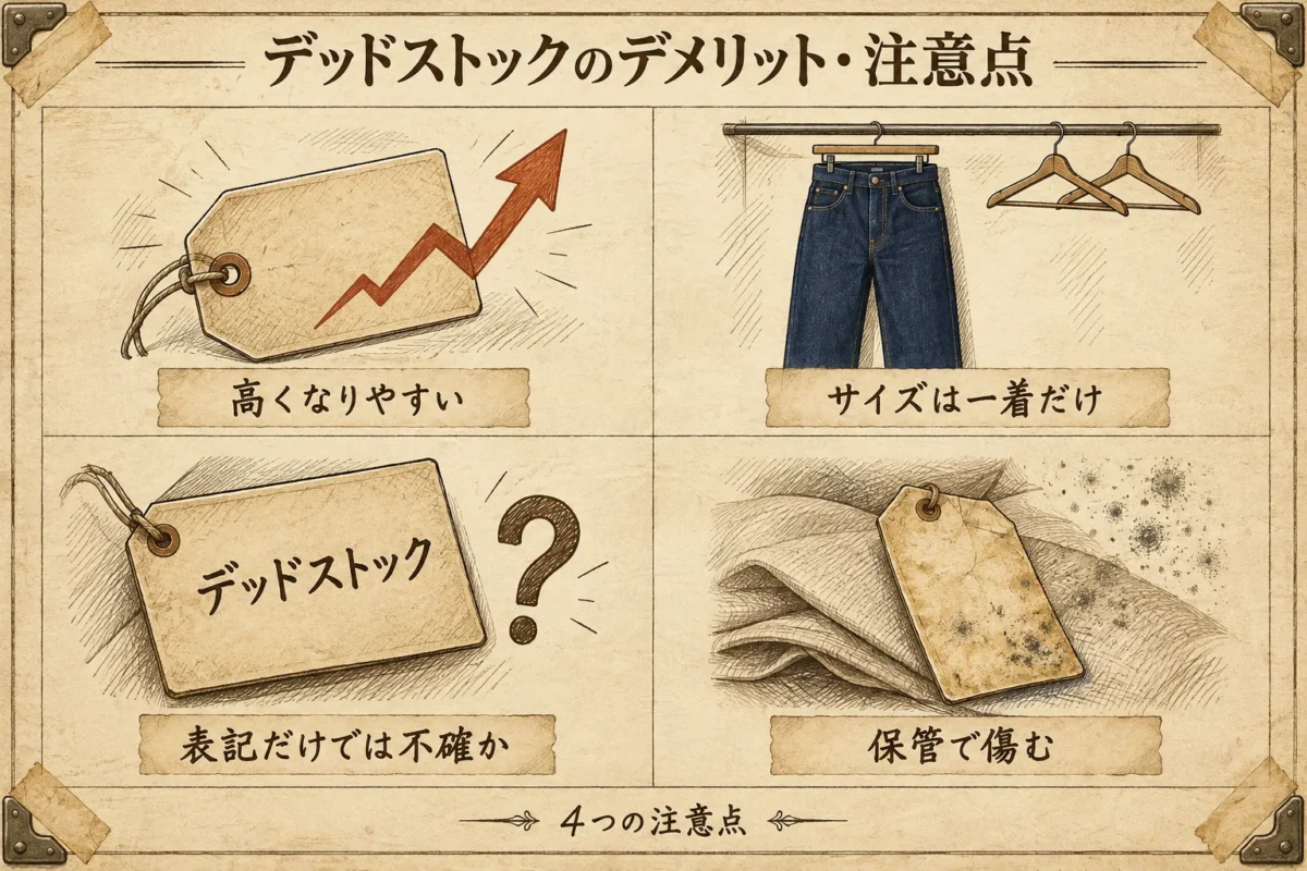 デッドストックの4つの注意点（高くなりやすい・サイズは一着だけ・表記だけでは未使用と限らない・保管で傷む）を4区画で示したインフォグラフィック