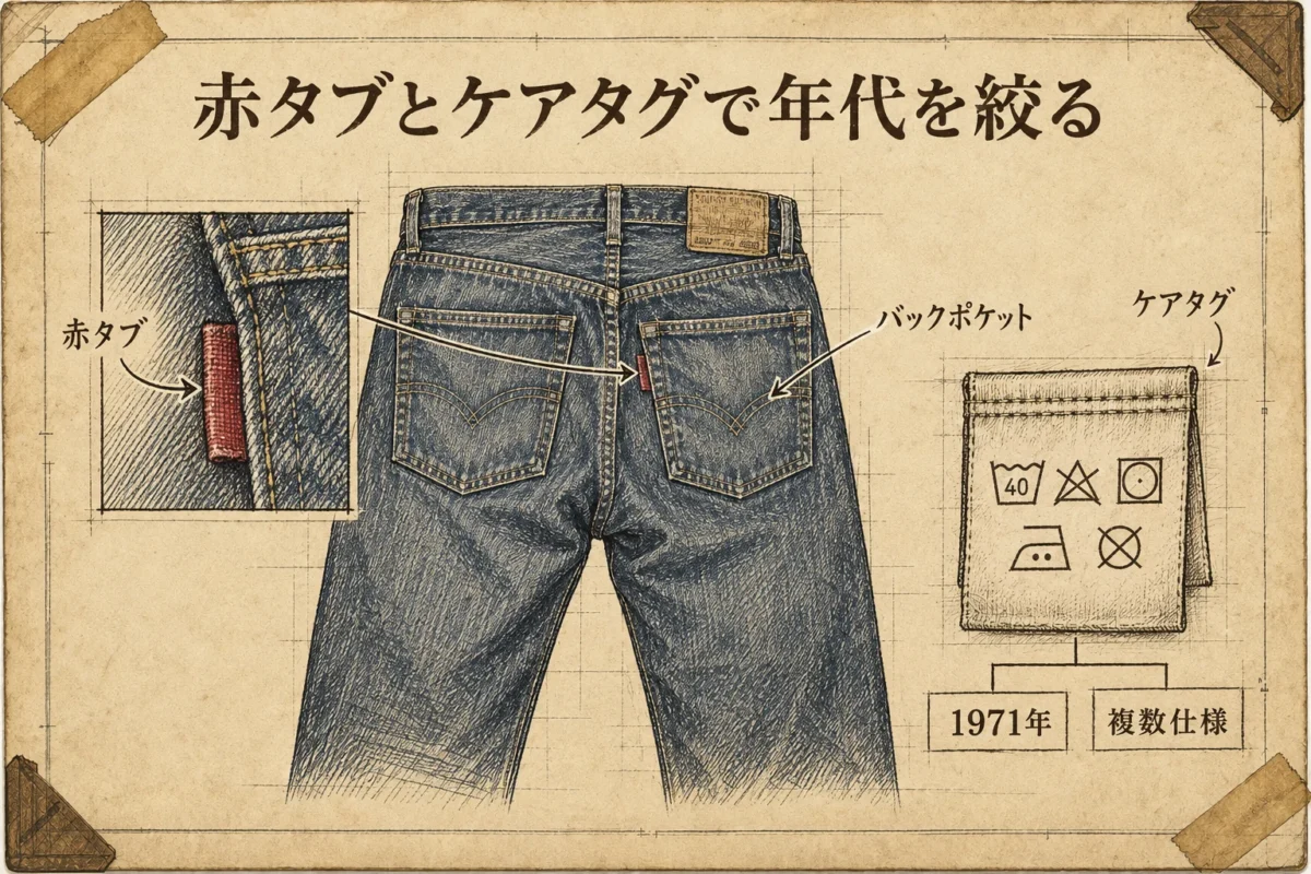 赤タブとケアタグの確認箇所を示した図解