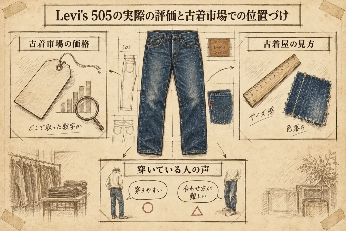 Levi's 505の評価を古着市場の価格・古着屋の見方・穿いている人の声の3面から整理した図解
