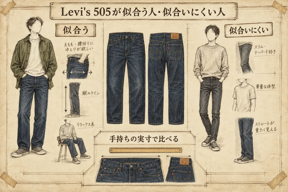 Levi's 505が似合う人と似合いにくい人を体型と好みで分け、実寸で比べることを示した図解