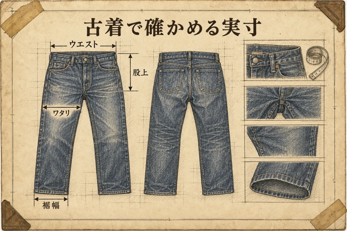 古着のウエスト、ワタリ、股上、裾幅の測り方を示した図解