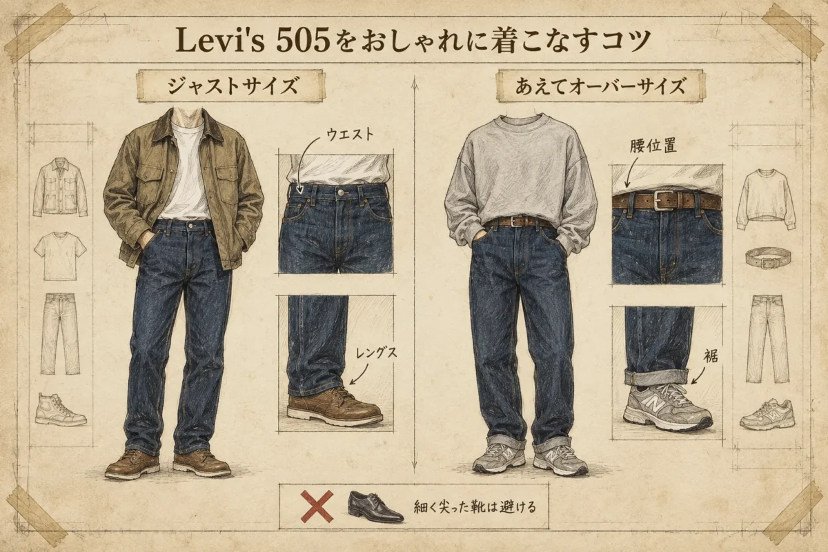 Levi's 505をジャストサイズとオーバーサイズで着こなす合わせ方を示した図解