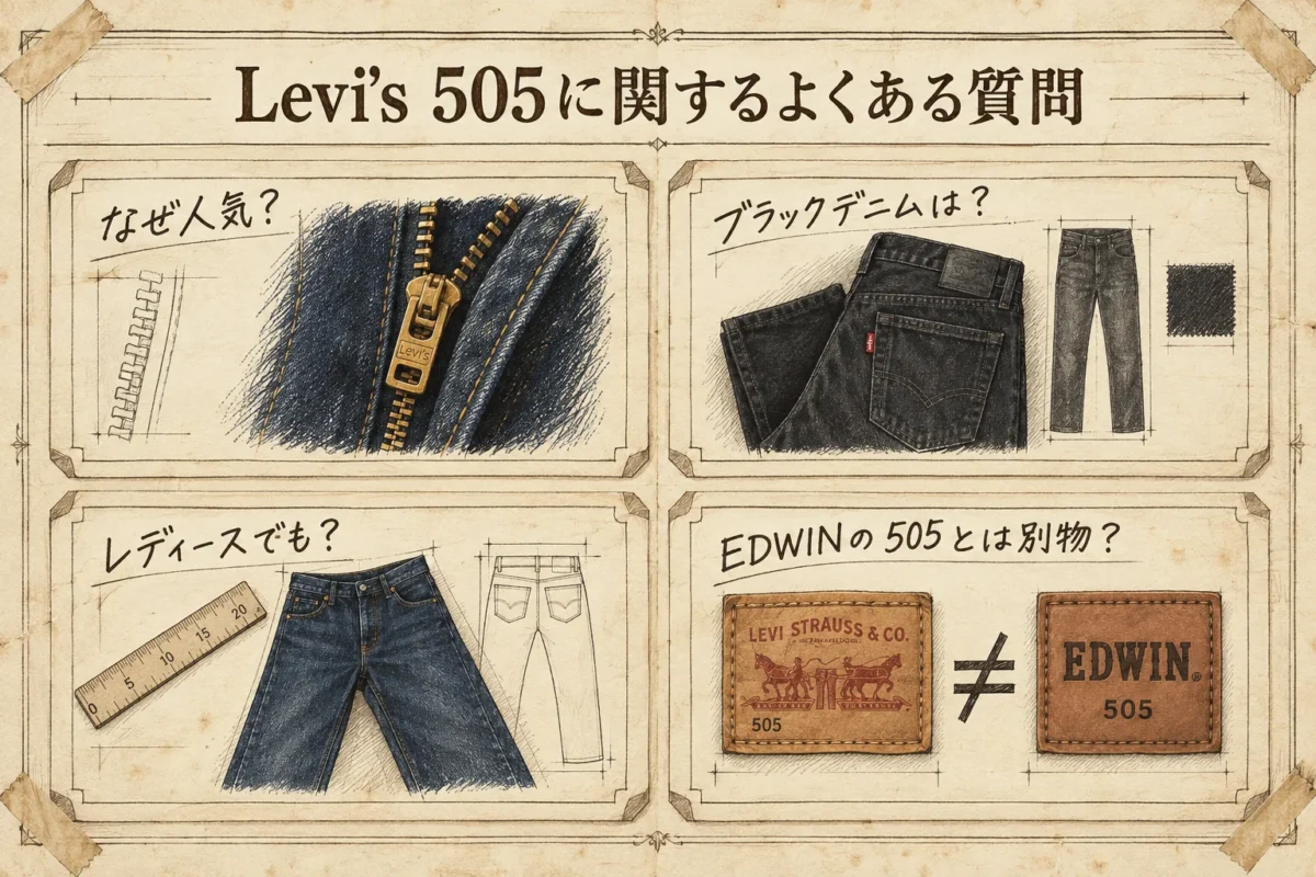 Levi's 505についてよくある4つの質問（人気の理由・ブラックデニム・レディース・EDWINの505との違い）をまとめた図解