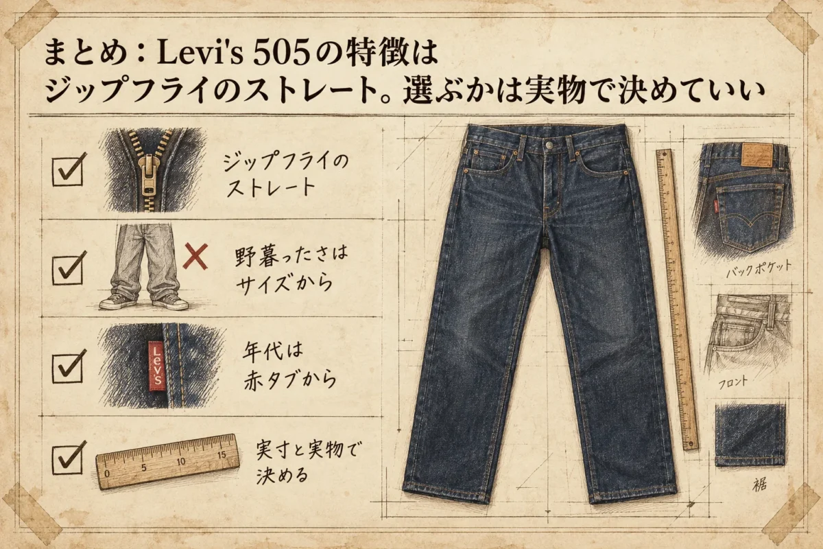 Levi's 505の特徴と、実寸と実物で選ぶ判断軸をまとめた図解