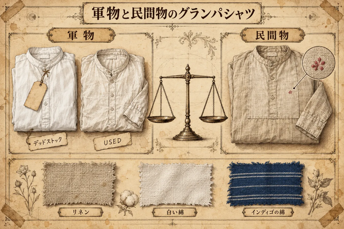 軍物と民間物のグランパシャツの図解