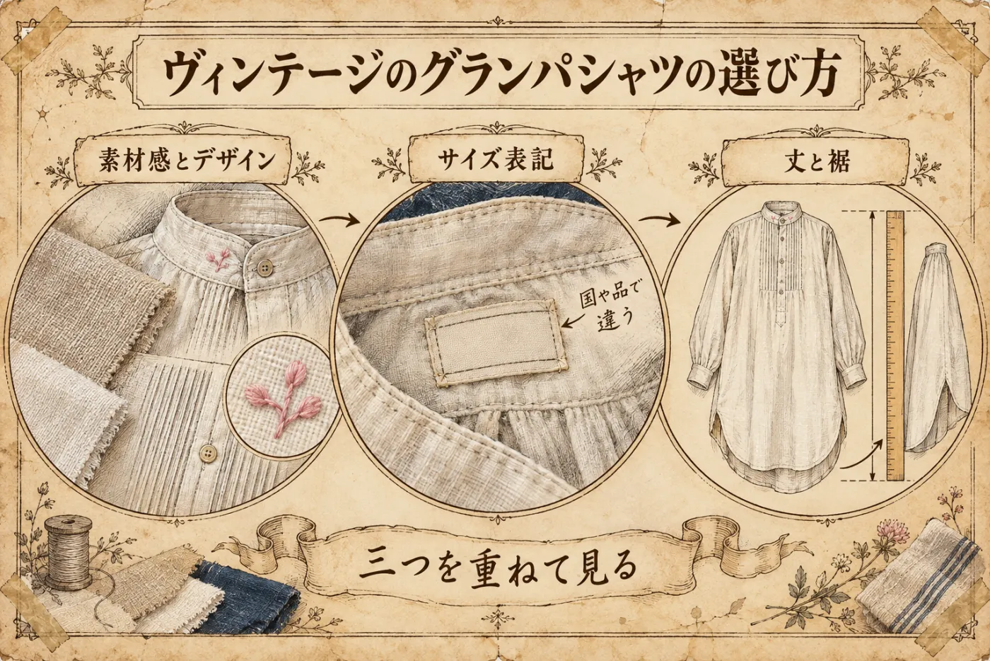 ヴィンテージのグランパシャツの選び方の図解