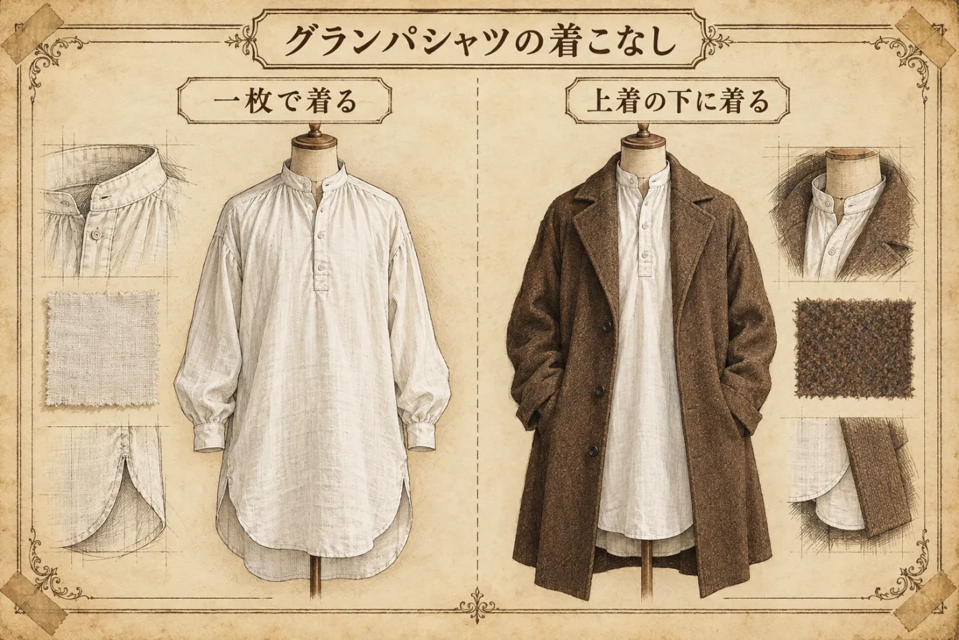 グランパシャツの着こなしの図解